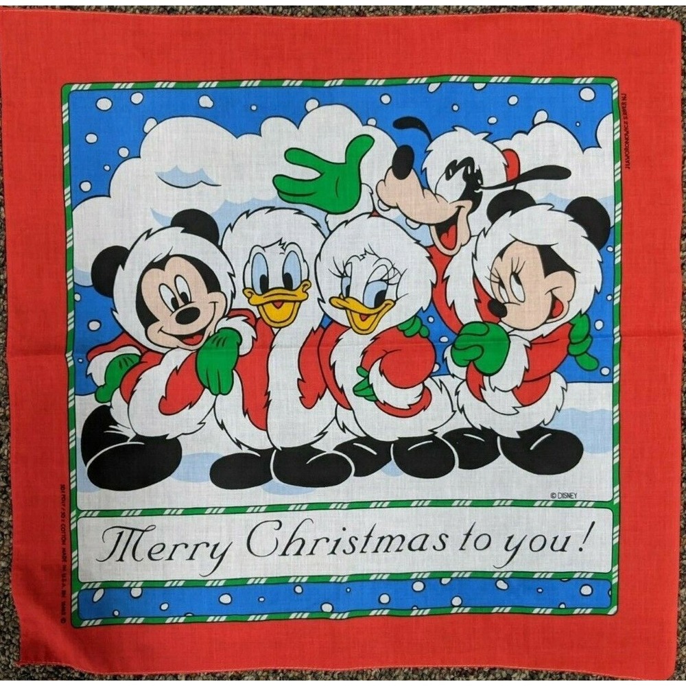 Vtg Disney Merry Christmas Bandana Handkerchief Woronowicz Mickey Mouse 22x21